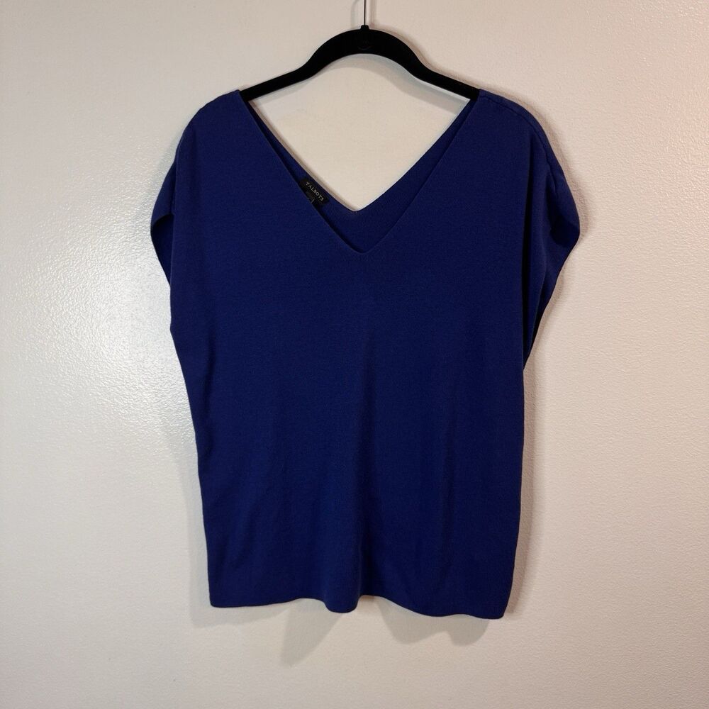 Talbots Tank Top Shirt Knit XL Blue Cap Sleeve V-neck Cotton Stretch Preppy